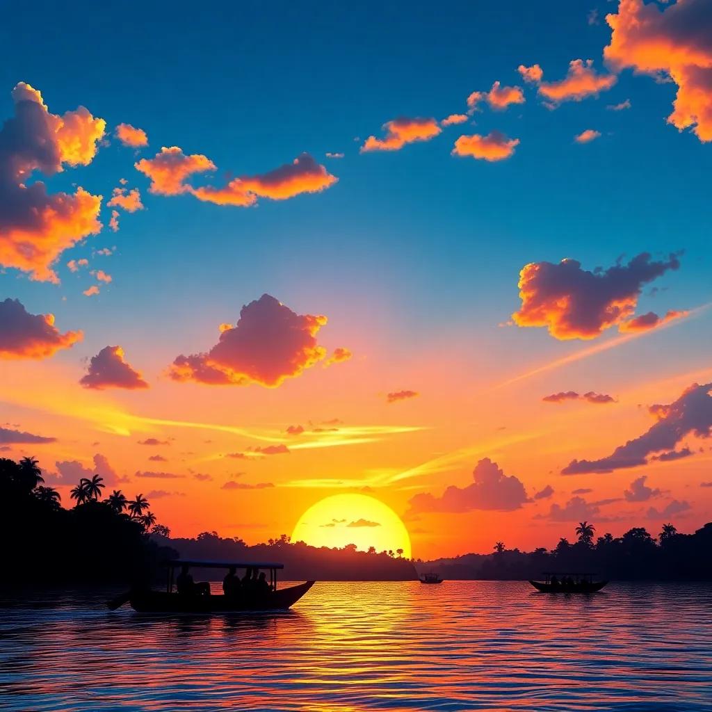 A beautiful sunset over the Amazon River, reflecting the colors of the festival, symbolic of Pedro's journey and adventures, with silhouettes of traditional boats and trees, stunning landscape, vibrant colors
