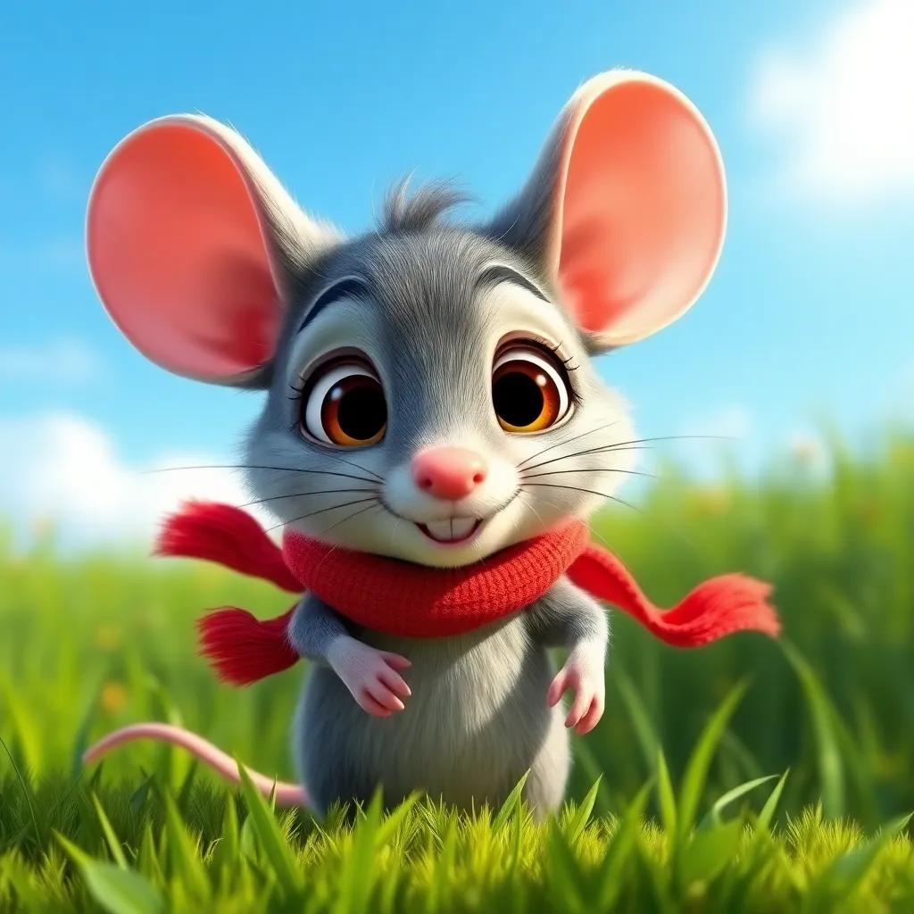 A curious mouse named Rato, with big eyes and tiny whiskers, wearing a little red scarf, standing at the edge of a green field under a bright blue sky, digital art, colorful and friendly, cheerful atmosphere, high quality