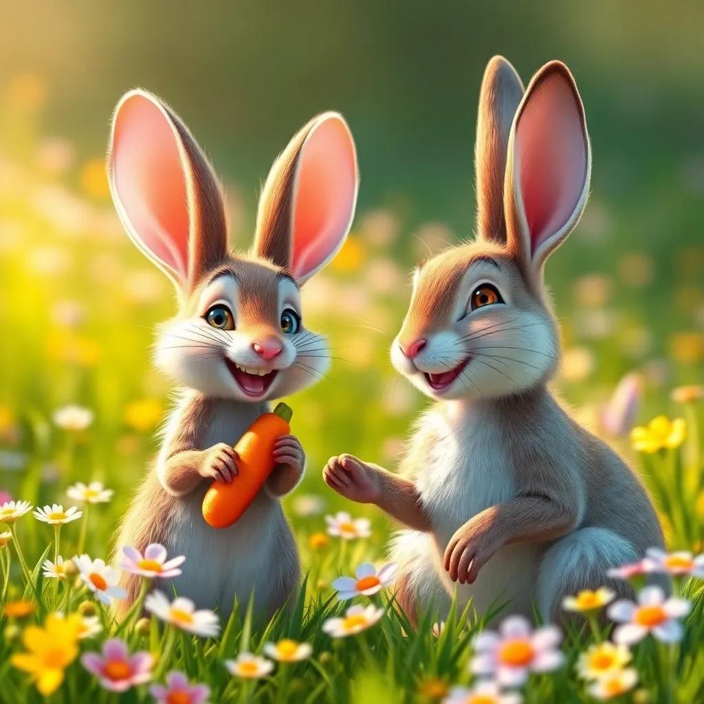 Rato the mouse meeting a happy hare, with soft fur and long ears, munching on a crunchy carrot in a flower-filled meadow, vibrant colors, inviting and warm light, high quality
