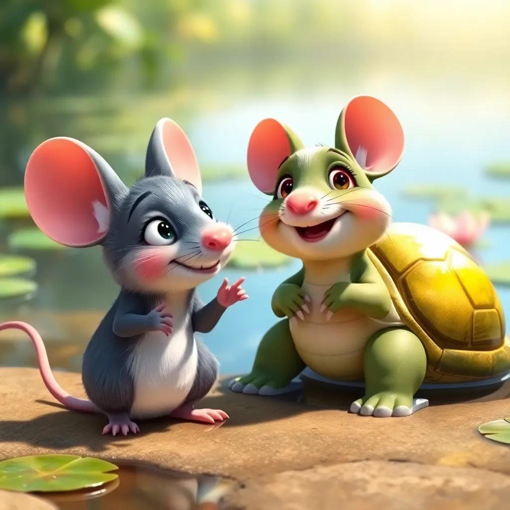 Rato the mouse listening to a singing turtle, with a shiny shell and gentle eyes, on a sunny day near a pond with lily pads, joyful and bright, expressive and colorful, high quality