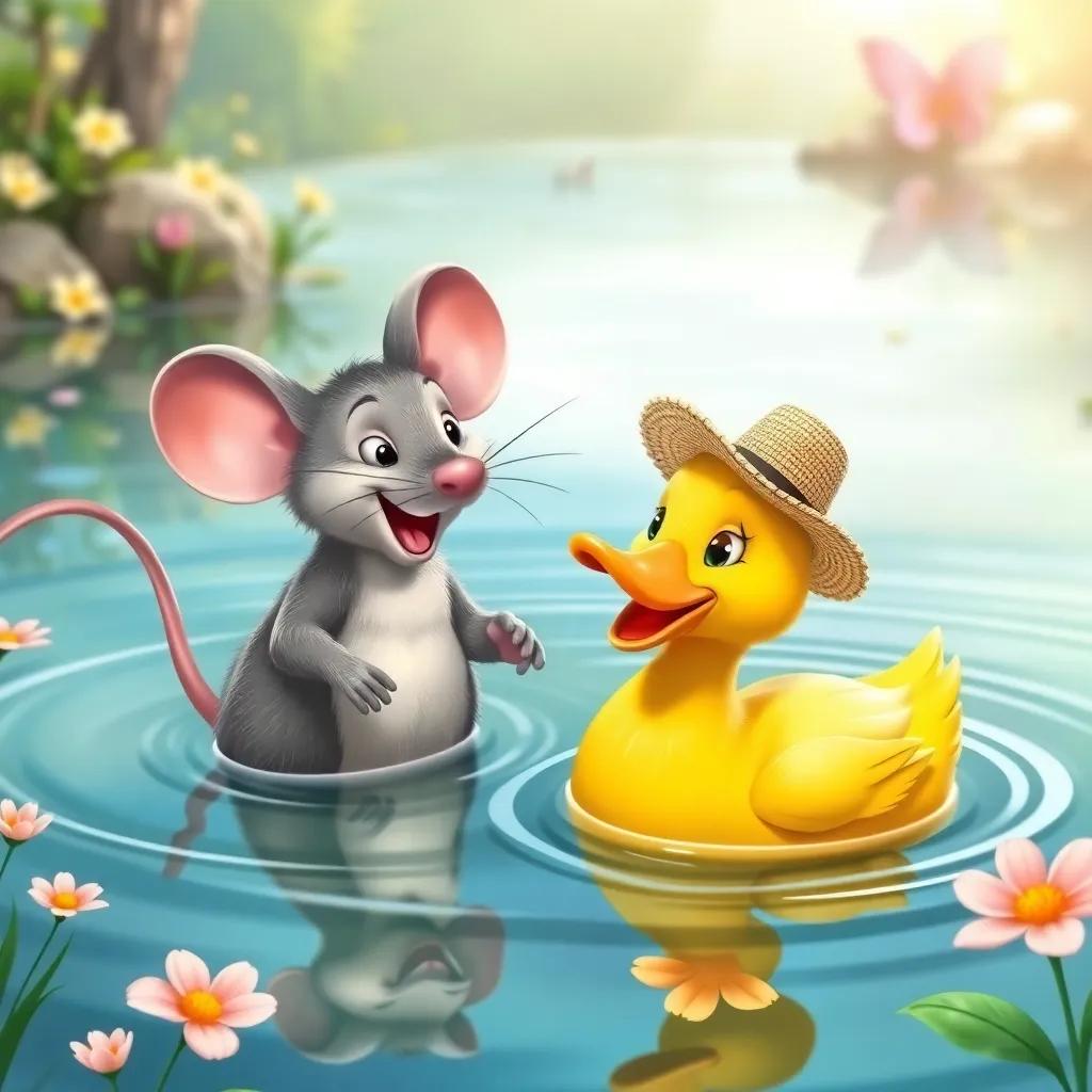 Rato the mouse chatting with a cheerful duck, wearing a small straw hat, swimming in a clear lake, surrounded by nature and flowers, delightful scene, colorful and fun, high quality
