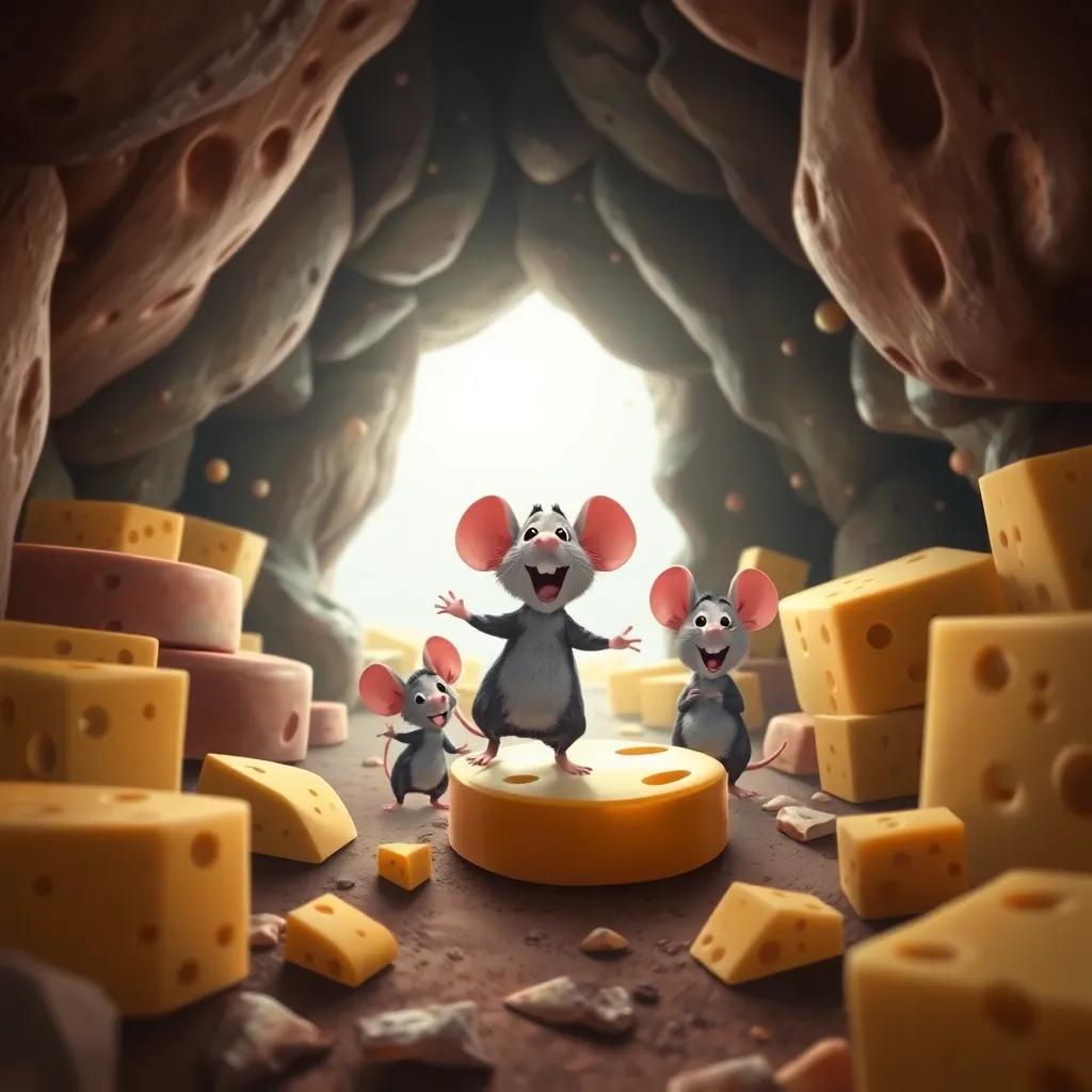 Rato the mouse and friends reaching a cave filled with giant cheese wheels of all shapes and colors, with laughter and excitement in the air, whimsical and vibrant, high quality
