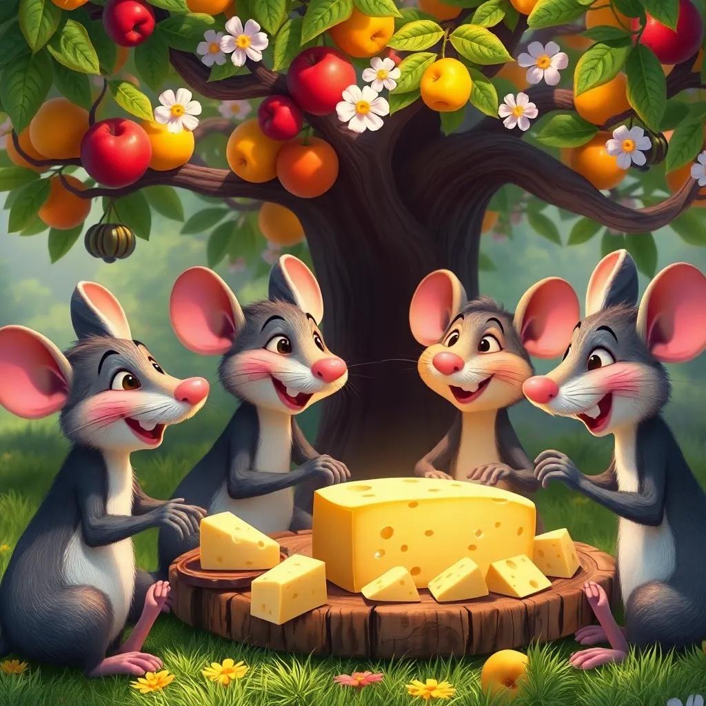 Rato and his friends enjoying a cheese feast together, with smiles and laughter, under a tree filled with fruits and flowers, heartwarming moment, colorful and bright, high quality
