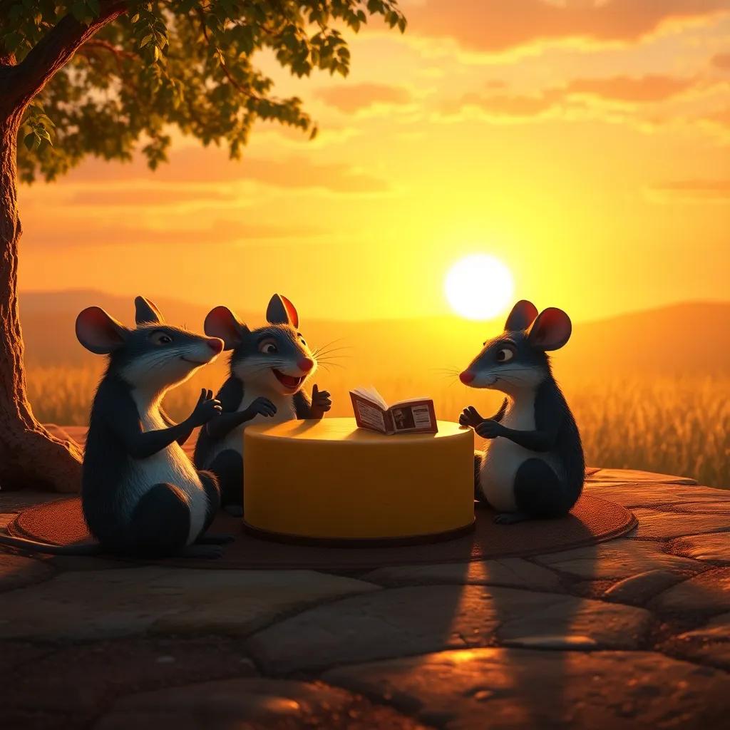 Rato sitting with his friends by a big cheese wheel, sharing stories with joy in the sunset glow, with their reflections on the ground, warm and inviting, high quality