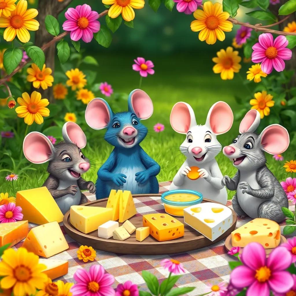 A colorful picnic scene with Rato and his friends eating various types of cheese, surrounded by greenery and flowers, happiness all around, lively atmosphere, high quality