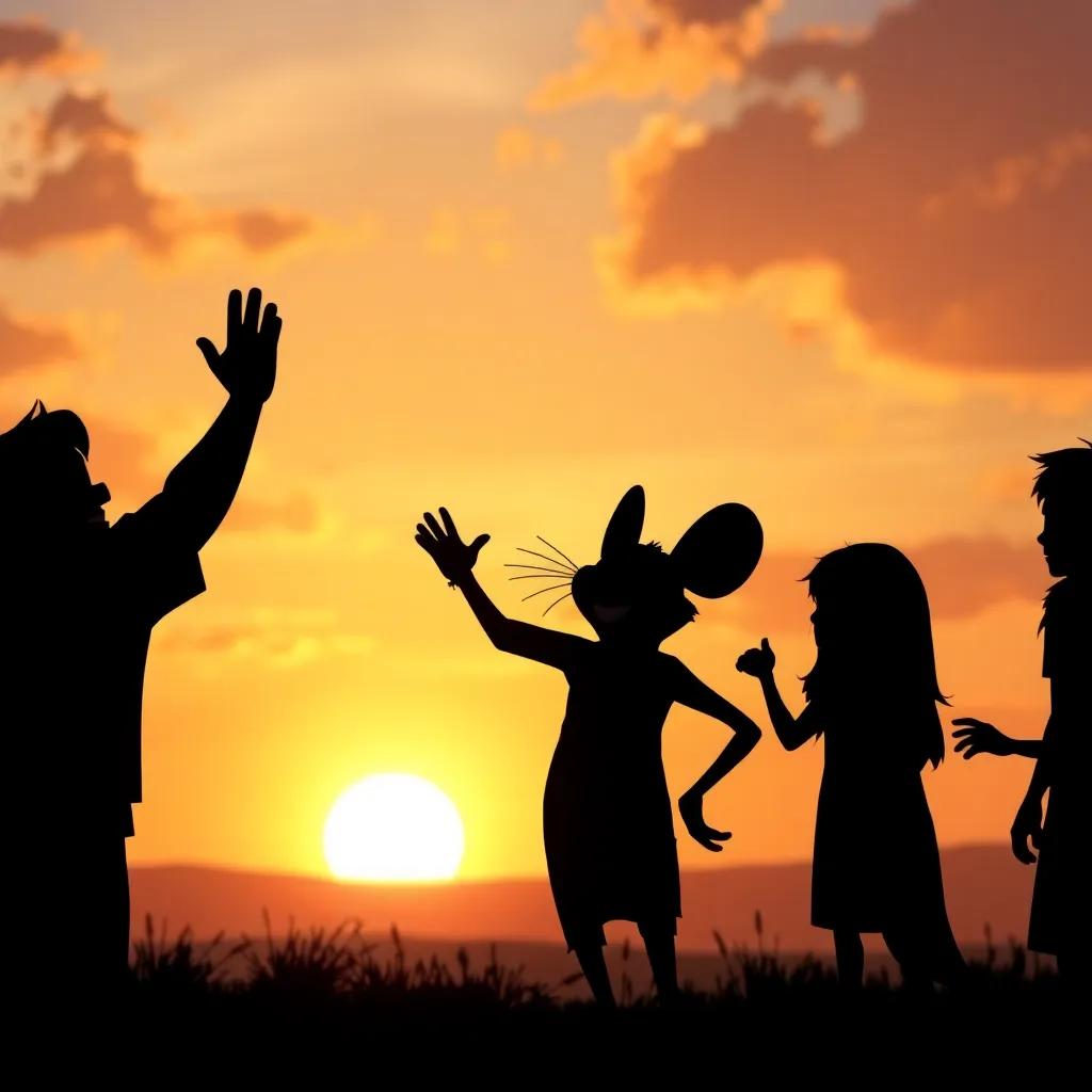 Rato waving goodbye to his friends as the sun sets, their silhouettes against the glowing sky, enriched with friendship and memories, magical and inspiring, high quality
