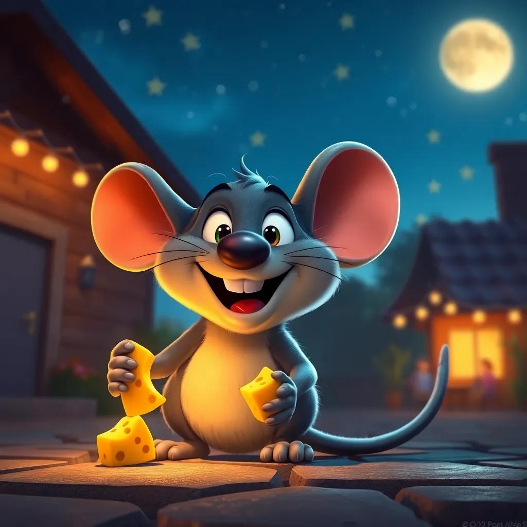 Rato returning home happily, with a big smile and a little cheese in his paws, under the stars shining brightly, feeling loved and joyful, nighttime wonder, high quality