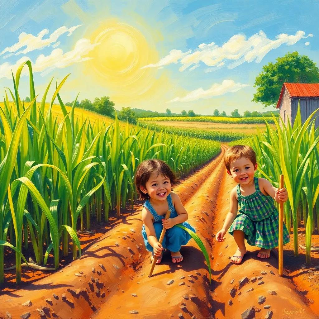 A sunny day at a beautiful farm called Parreiral, children planting sugarcane with joyful expressions, vibrant colors, warm atmosphere, high quality