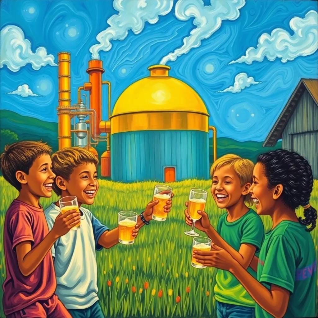A shiny distillery in the countryside, children laughing and tasting cachaça together, a sense of celebration and joy, colorful, cheerful scene, detailed illustration