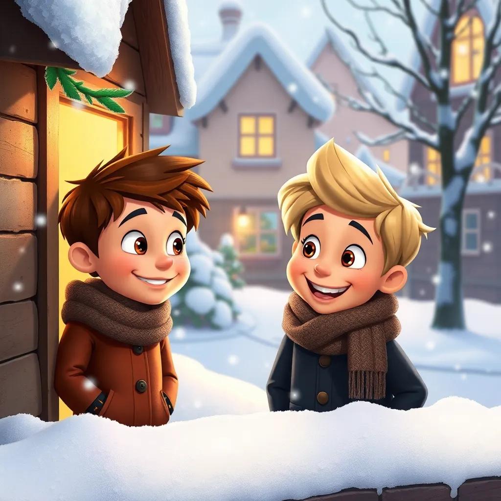 A snowy neighborhood with two curious brothers, André with brown hair and Bernardo with blonde hair, smiling at the window, warm light inside, festive atmosphere, detailed, cheerful, family setting