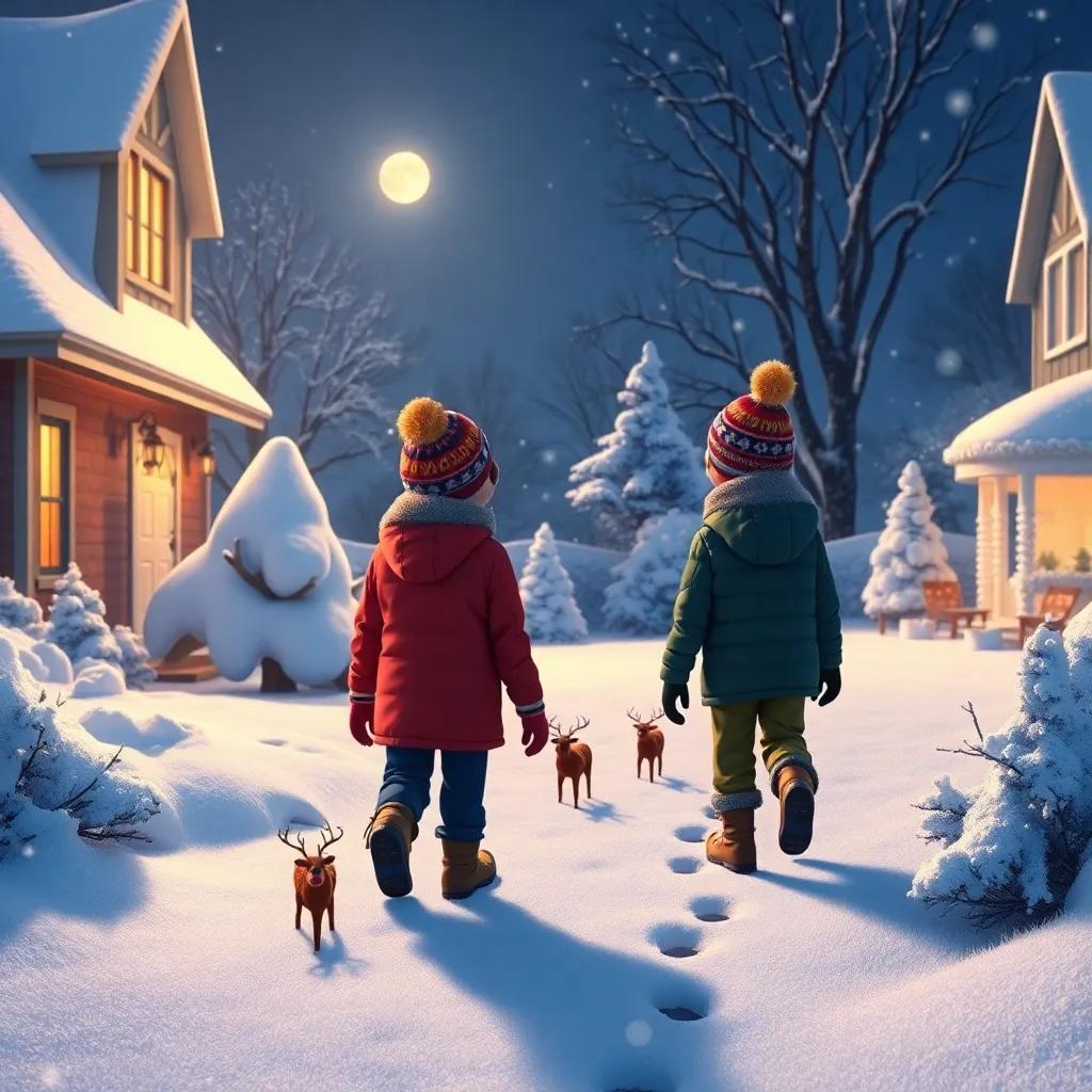 The snowy front yard at night with the moonlight shining, André and Bernardo in their colorful winter jackets and hats, following tiny reindeer footprints, magical winter scenery, high detail, cozy feeling