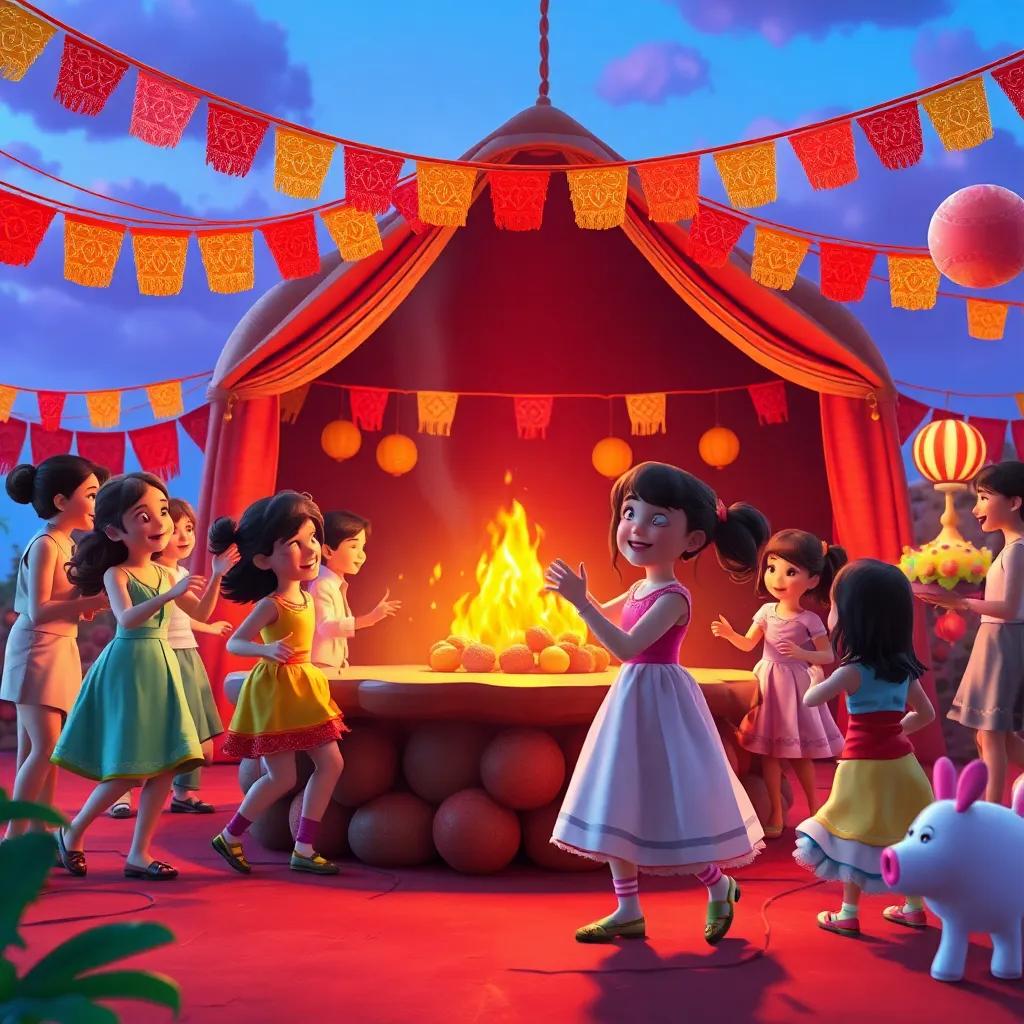 Uma festa junina animada, com crianças dançando ao redor de uma fogueira, decoração colorida com bandeirinhas e balões, doces em barracas, digital art, vibrante e festivo, atmosfera alegre, alta qualidade