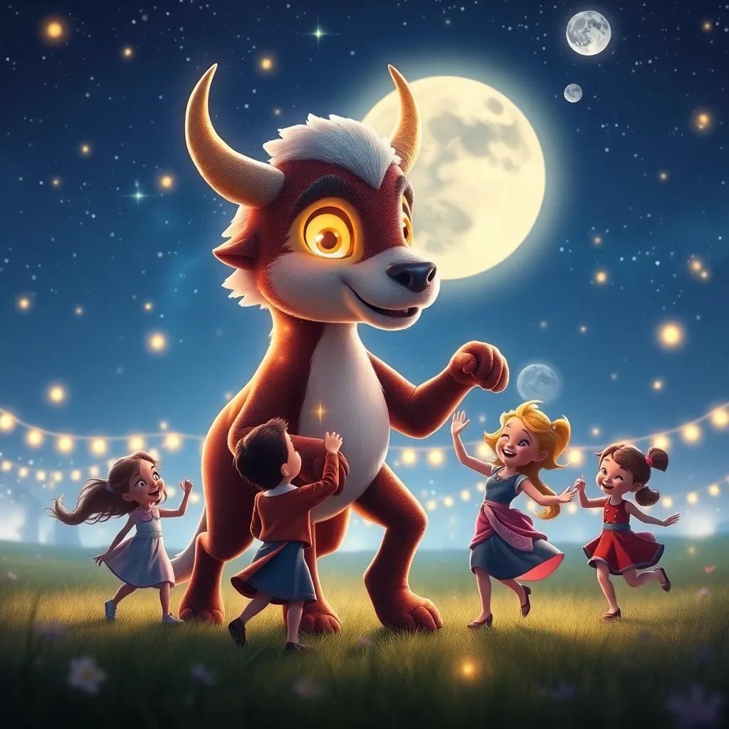 Um boi mágico, forte e bonito, com chifres brilhantes e olhos iluminados, dançando com as crianças em um campo iluminado pela lua, digital art, encantador, colorido, alegre, alta qualidade