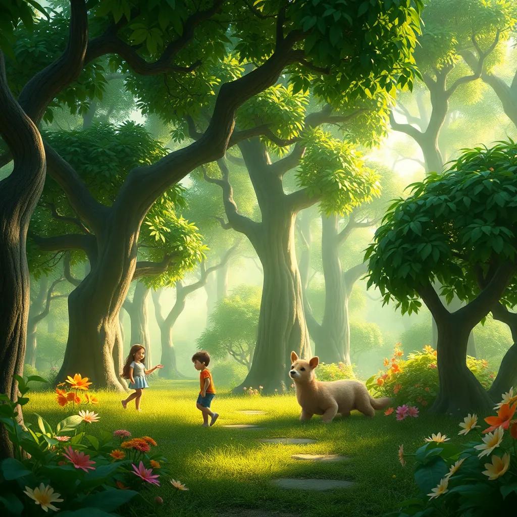 Uma floresta verdejante cheia de árvores dançantes e flores coloridas, com crianças e um boi mágico se aventurando, digital art, luminosa, mágica, alegre, alta qualidade