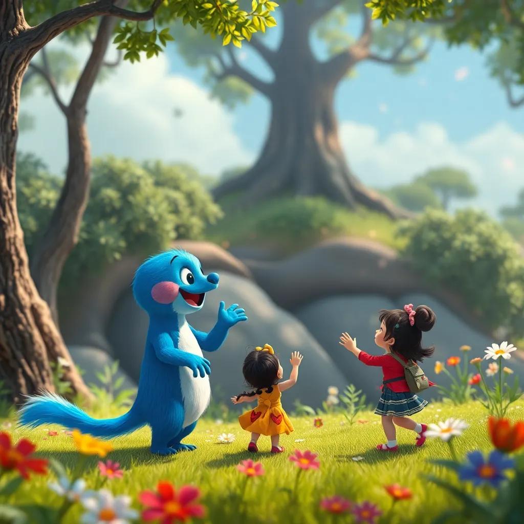 Um passarinho azul cantando e dançando com as crianças na floresta, árvores ao fundo e uma atmosfera de alegria e folclore, digital art, infantil, vibrante, alta qualidade