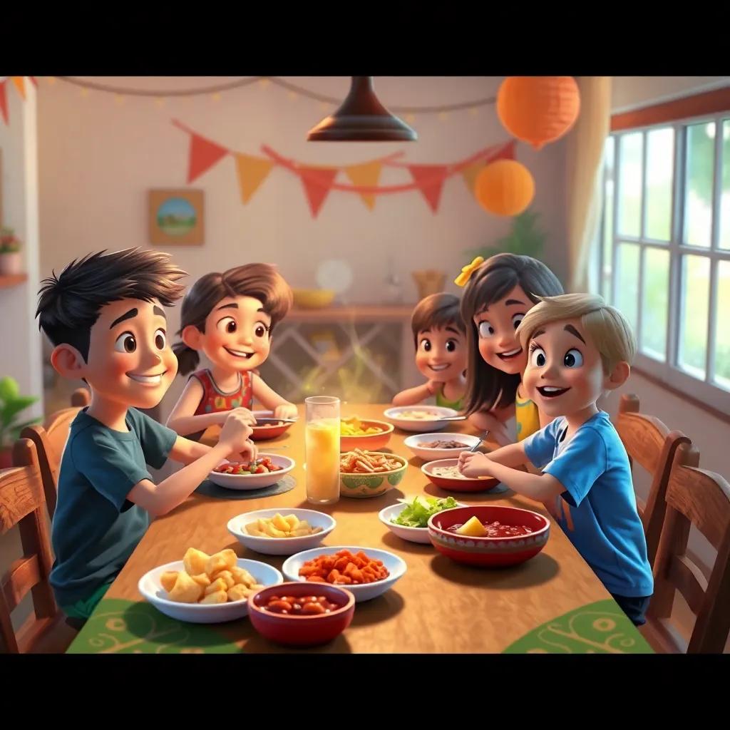 Uma mesa cheia de comidas típicas brasileiras como pamonha e canjica, crianças felizes experimentando, digital art, colorido e festivo, ambiente familiar, alta qualidade