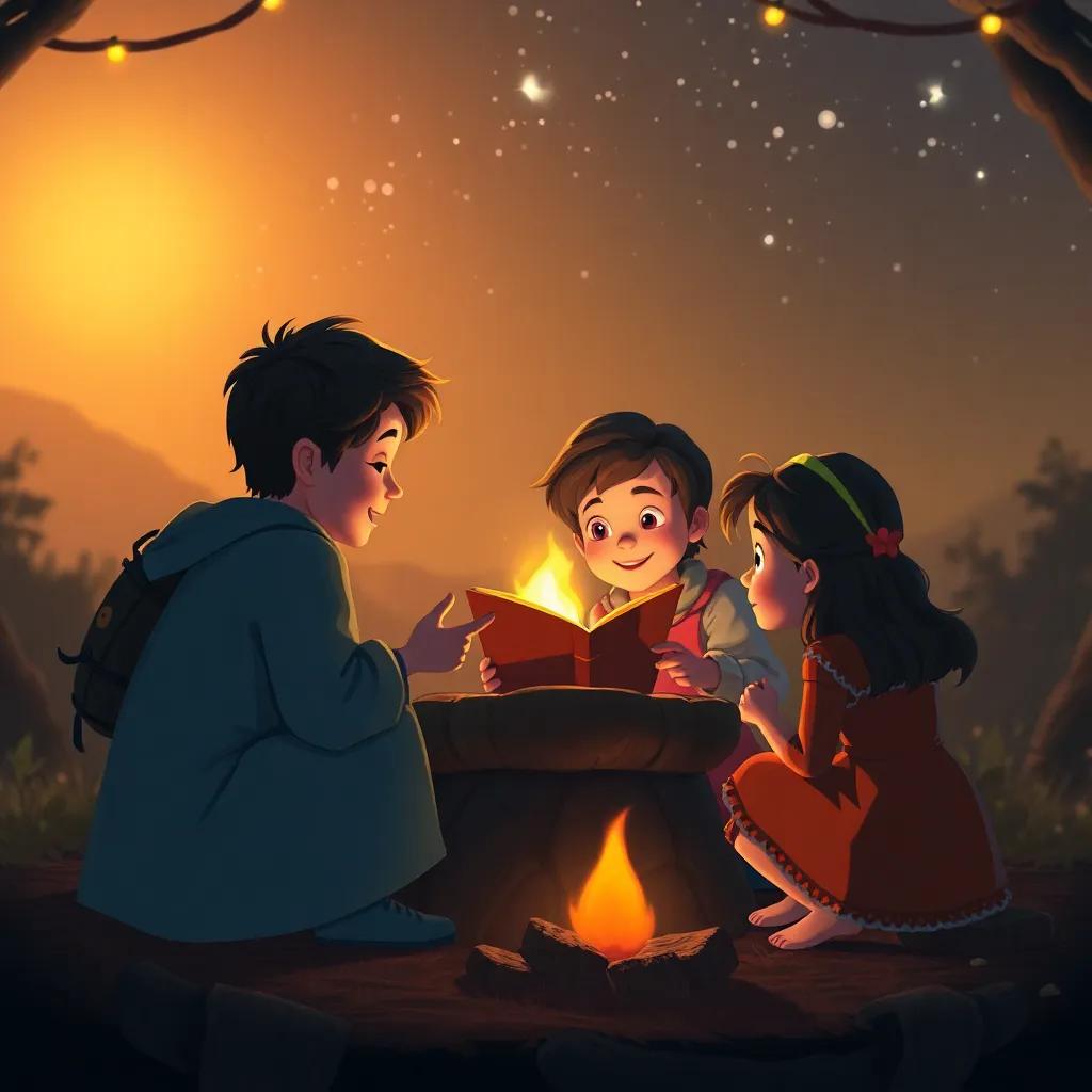 As crianças reunidas ao redor da fogueira contando histórias, com o boi mágico se afastando gentilmente, sob um céu estrelado, digital art, calorosa e nostálgica, alta qualidade