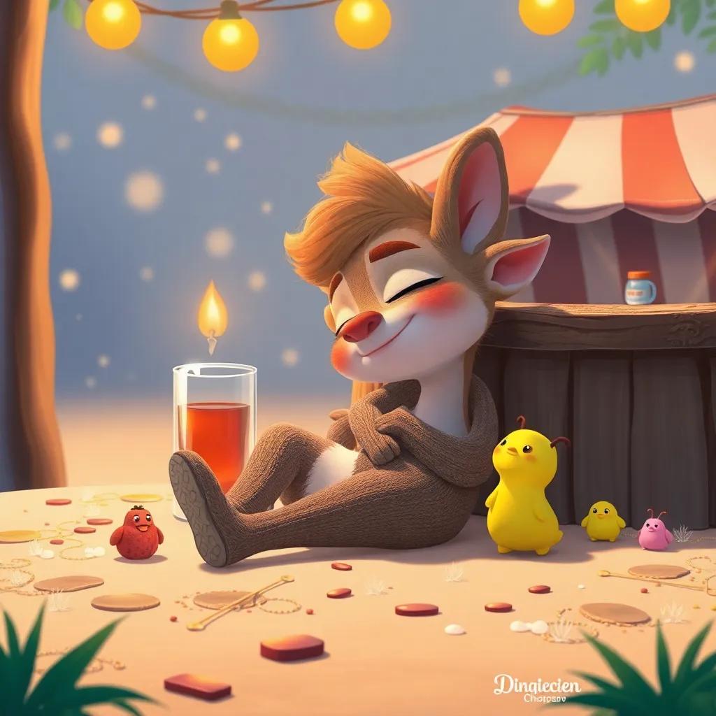 Um boi mágico descansando ao lado de uma barraquinha durante a festa junina, com doces e bandeirinhas ao redor, digital art, alegre, convidativo, alta qualidade