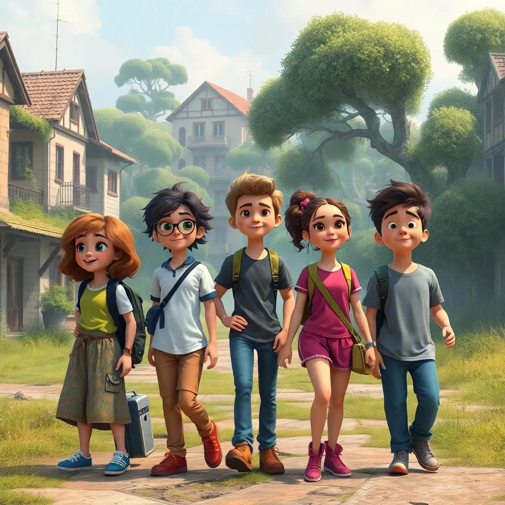 Um grupo de amigos corajosos, Ana com cabelo cacheado e vestido colorido, Pedro com camiseta e boné, Julia com tranças e mochila, Leo com camiseta listrada, todos explorando uma cidade abandonada com casas velhas e árvores cobertas de musgo, digital art, cores vibrantes, atmosfera de aventura, alta qualidade