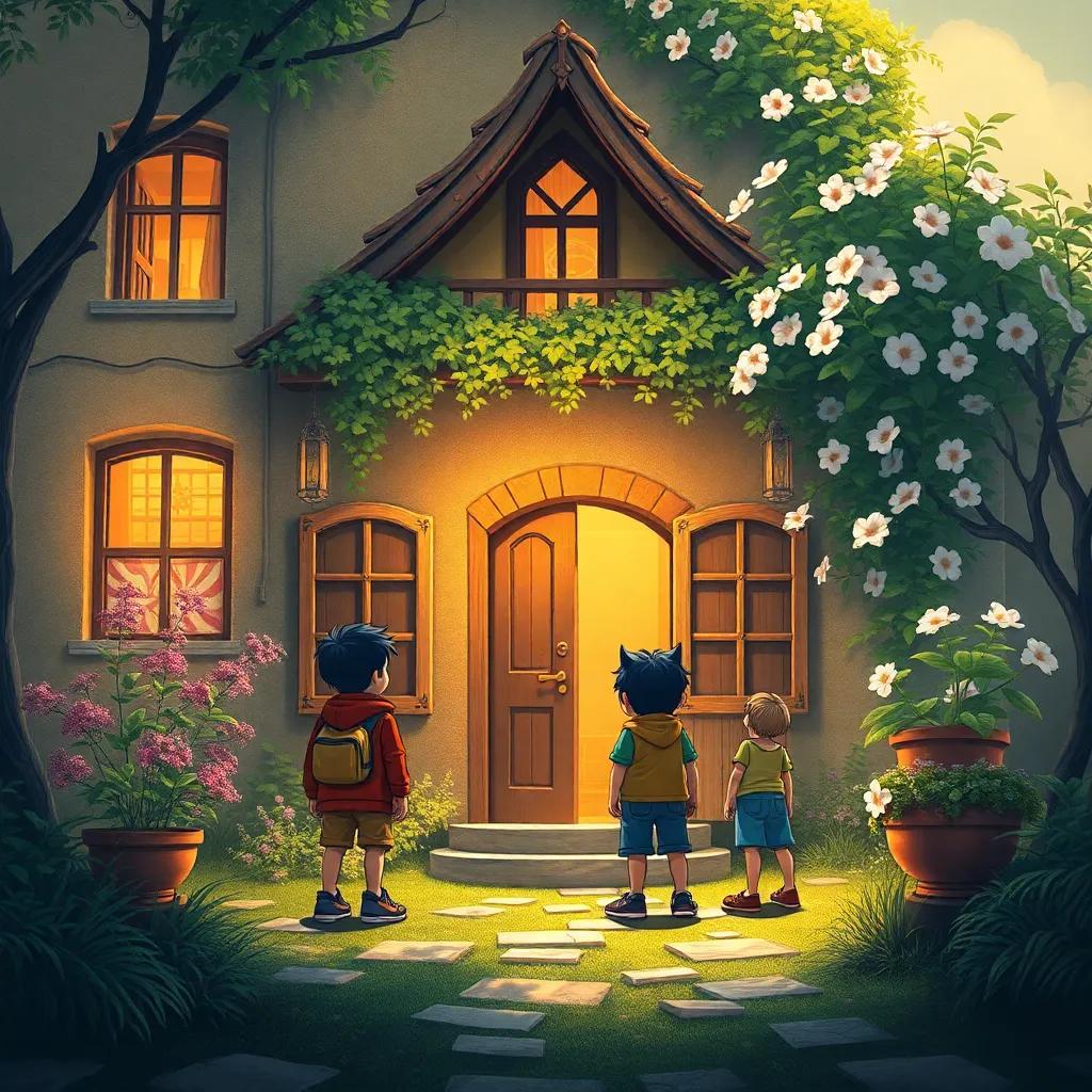 Os amigos se surpreendendo com uma casa antiga, com janelas quebradas e portas rangendo ao vento, flores silvestres crescendo ao redor, digital painting, ilustrativo, atmosfera mágica, rica em detalhes