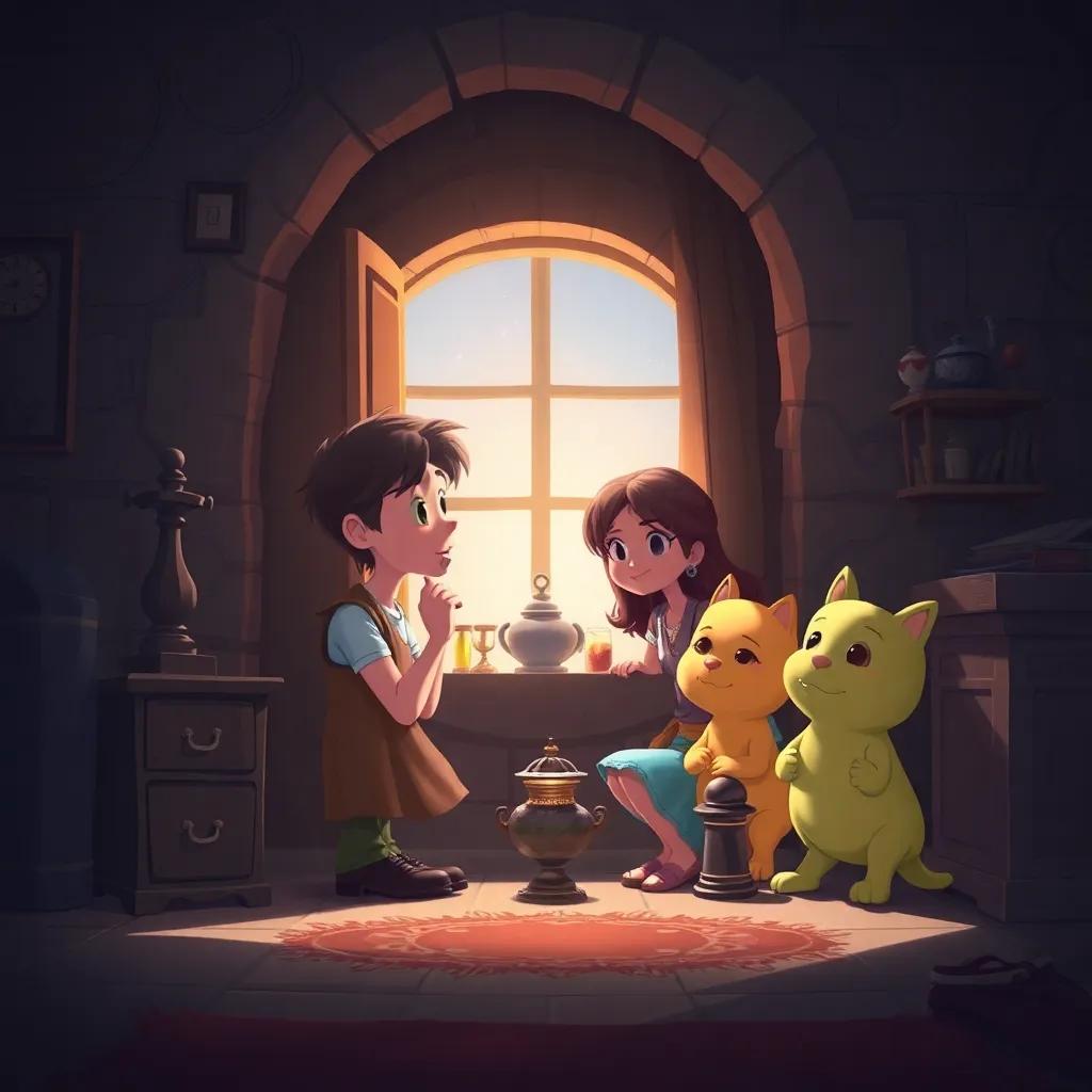 Julia segurando um diário empoeirado, enquanto os amigos olham curiosos, com objetos antigos ao fundo, ilustração amigável, cores suaves, boa iluminação, foco no diário