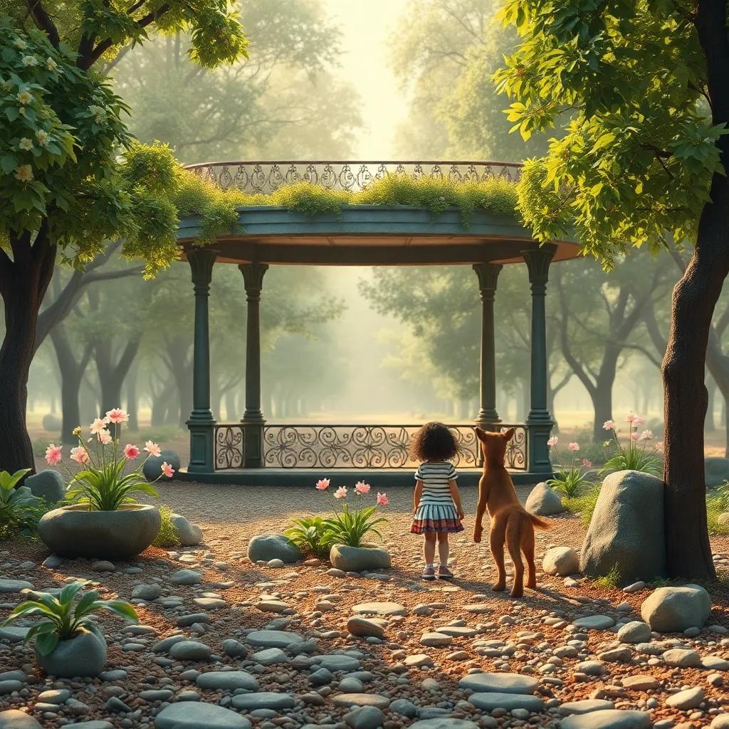 Encontrando um parque abandonado, com um balanço quebrado e flores crescendo entre pedras, os amigos imaginando crianças brincando ali, arte digital, nostálgica e sonhadora, cores quentes