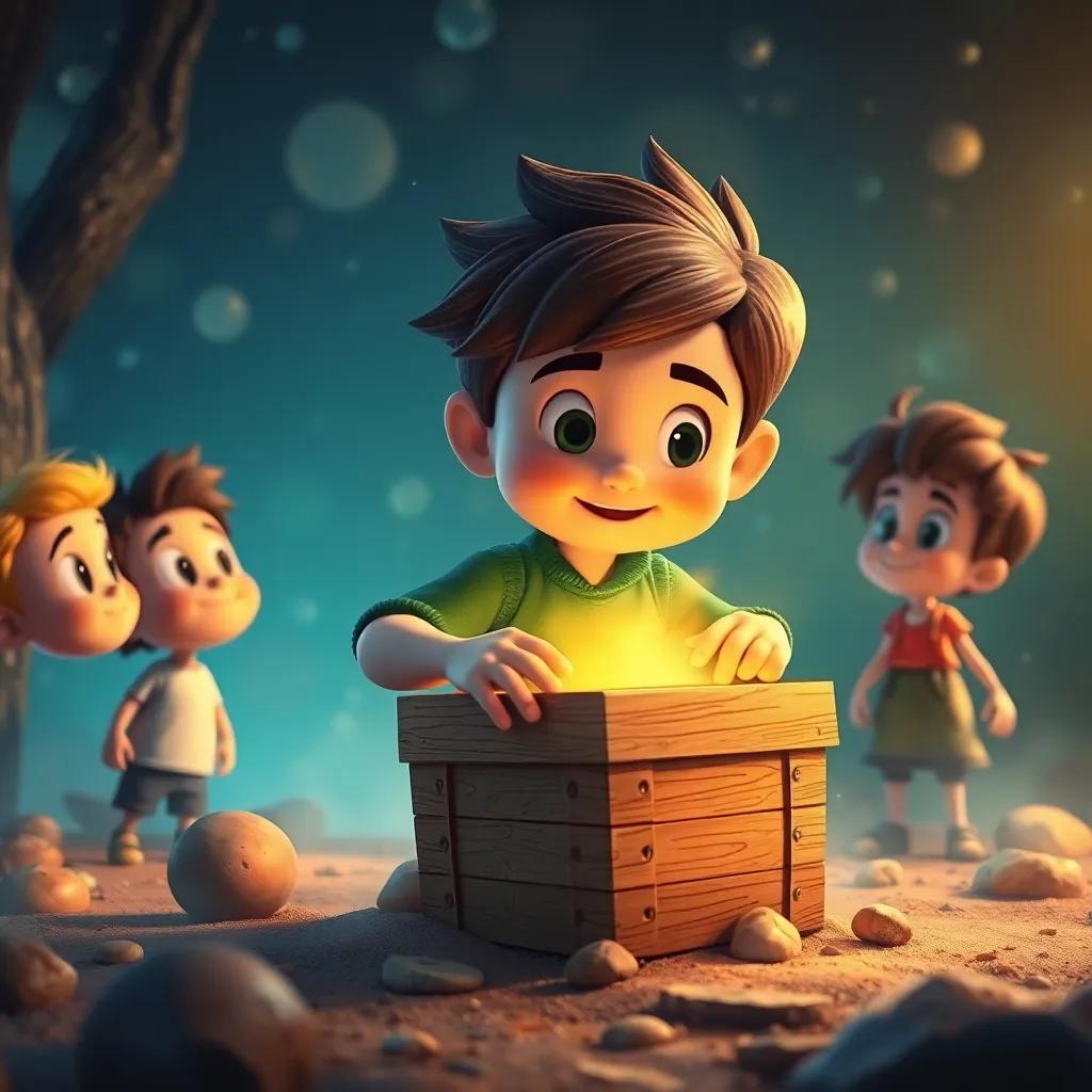 Pedro desenterrando uma caixa do chão, os amigos olhando em volta, atmosfera de mistério e descoberta, ilustração animada, vibrante e envolvente, alta definição