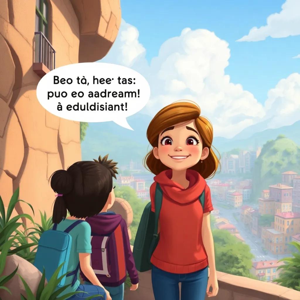 Ana sorrindo enquanto fala sobre o que aprenderam, com os amigos prestando atenção, a cidade abandonada ao fundo, ilustração alegre, cores otimistas