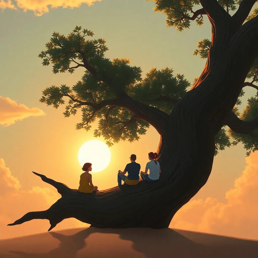 O grupo sentado em um tronco de árvore ao pôr do sol, refletindo sobre a experiência, digital painting, atmosfera serena, rica em detalhes