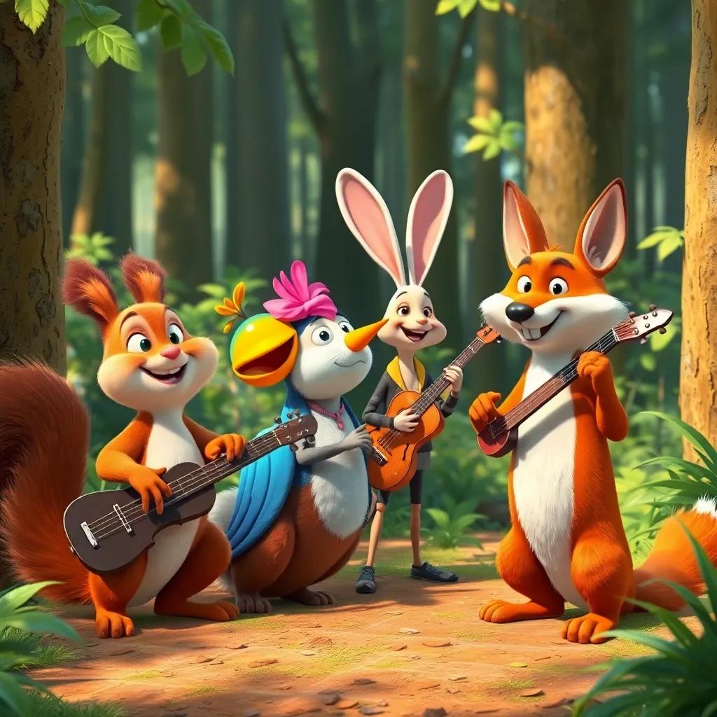 A happy forest scene with various animals preparing their instruments; a cheerful squirrel, a vibrant bird, a playful rabbit, and a clever fox, digital art, bright colors, lively atmosphere, joyful perspective, high quality