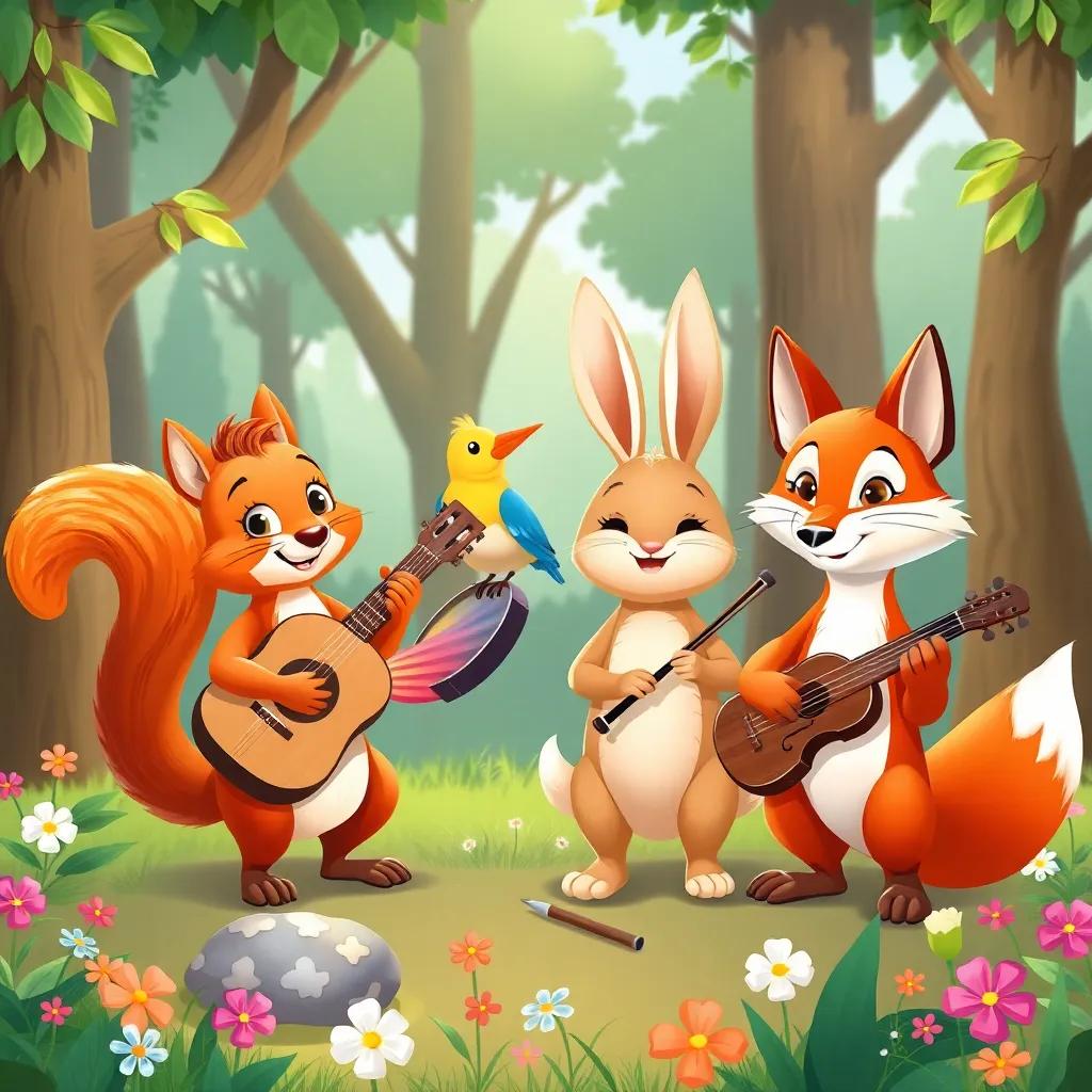 The squirrel bringing a guitar, the bird with a small drum, the rabbit holding a flute, and the fox with a violin, surrounded by trees and flowers, cheerful illustration, colorful, engaging quality, child-friendly