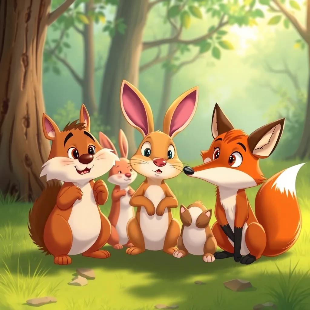 The animals trying to rehearse together in a clearing, but looking confused as their sounds clash; the squirrel looking frustrated, the rabbit unsure, and the fox puzzled, cartoon style, whimsical, lighthearted, detailed