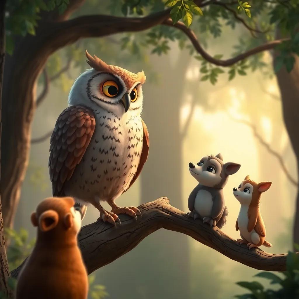 The wise owl giving advice to the animals; perched on a tree branch, with a thoughtful expression, while the others listen carefully; forest background, warm light, fantasy style, comforting atmosphere, engaging