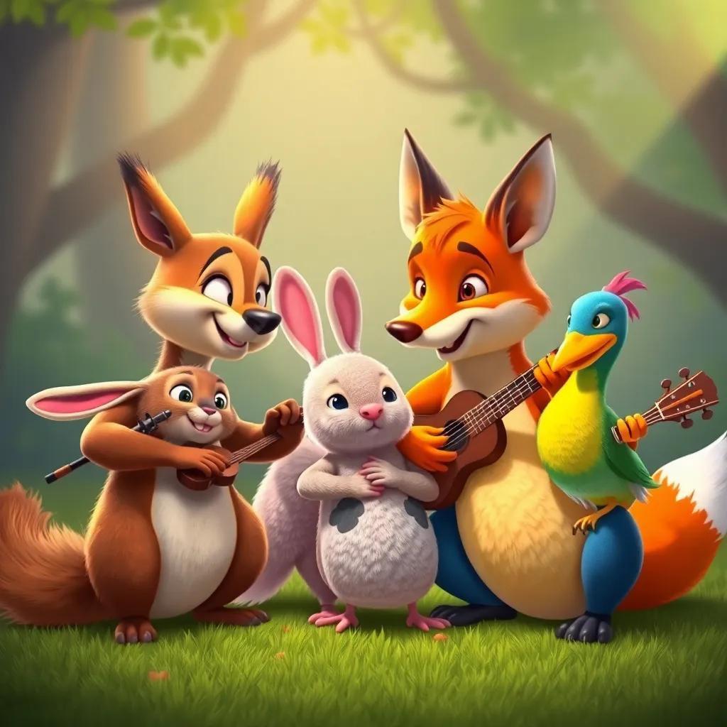 The animals in groups practicing their instruments; the squirrel teaching the rabbit, while the fox helps the bird, each looking focused and determined, friendly cooperation, colorful, uplifting ambiance, animated style