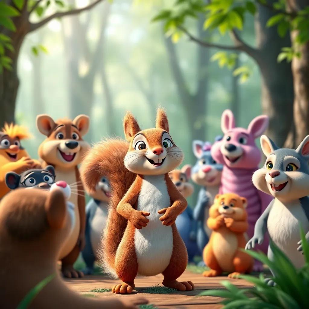 The presentation day arrives with animals gathered around, looking excited and nervous; the talented squirrel leading the band, all vibrant, happy expressions, lively forest scene, bright light, cheerful colors, celebratory quality