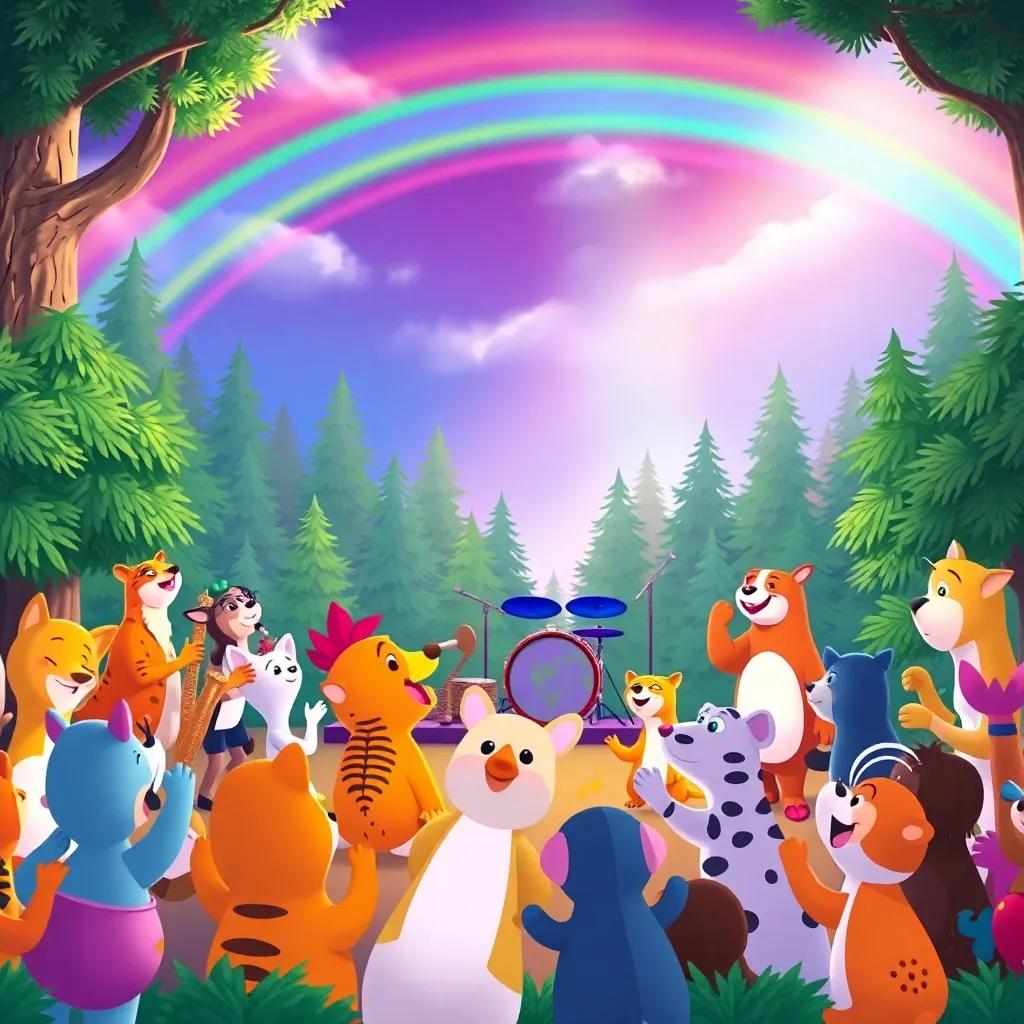 The band performing in front of a crowd of forest animals; a lively scene with dancing, clapping, and singing; rainbow in the sky, joyous and vibrant energy, digital art, colorful, animated scene, heartwarming