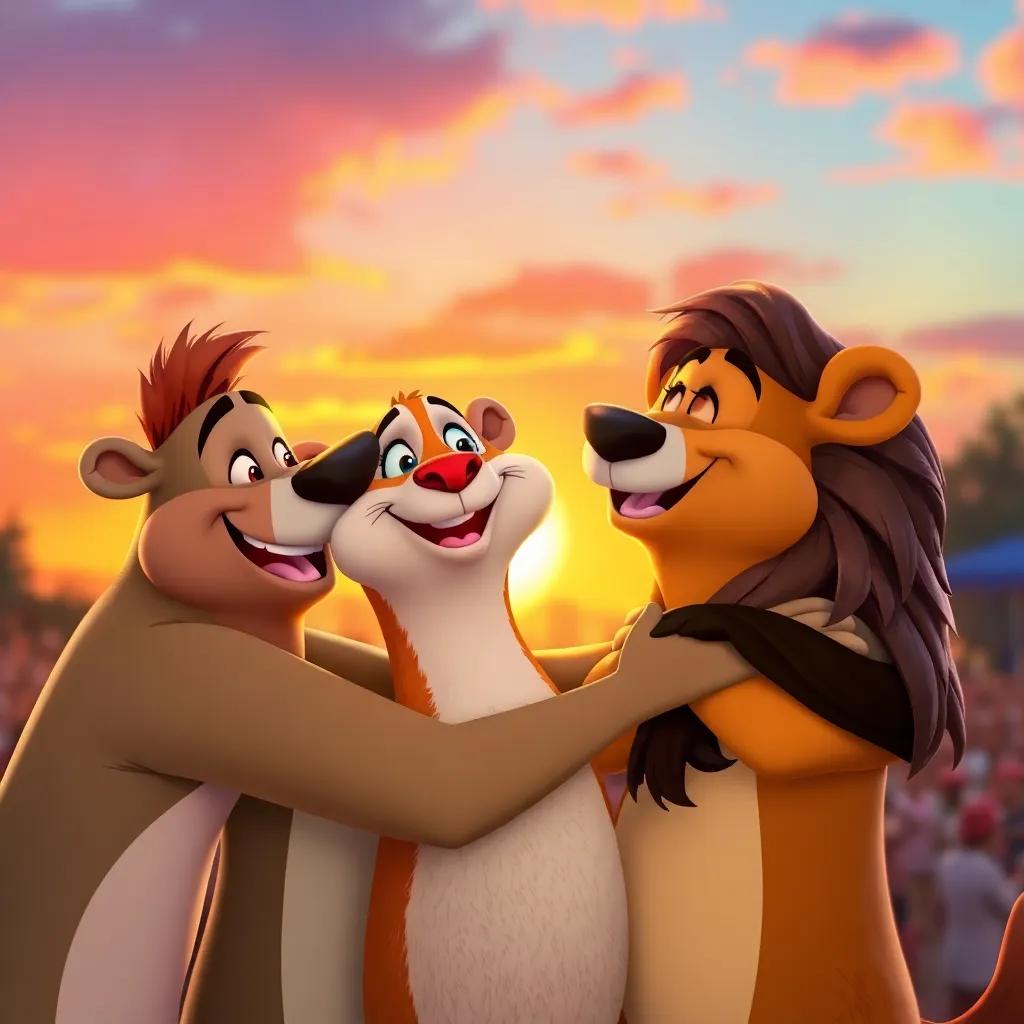 The animals celebrating after the performance; smiles and laughter as they hug each other; a backdrop of a beautiful sunset, symbolizing friendship, bright, warm colors, joyful scene, soft focus, loving atmosphere