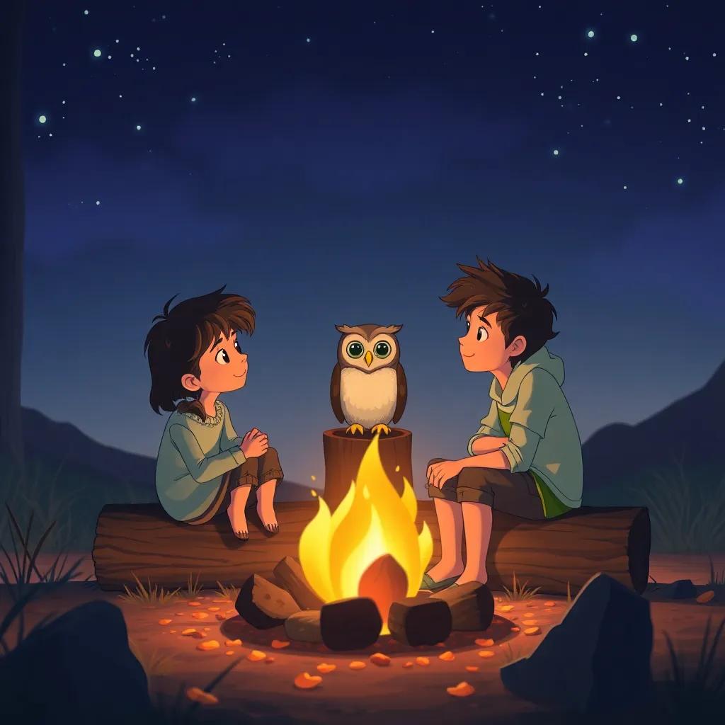 The characters reflecting on their journey together, with the owl guiding their thoughts; sitting on a log around a cozy campfire, filled with warmth and understanding, serene night sky, gentle light, harmonious feel, nurturing