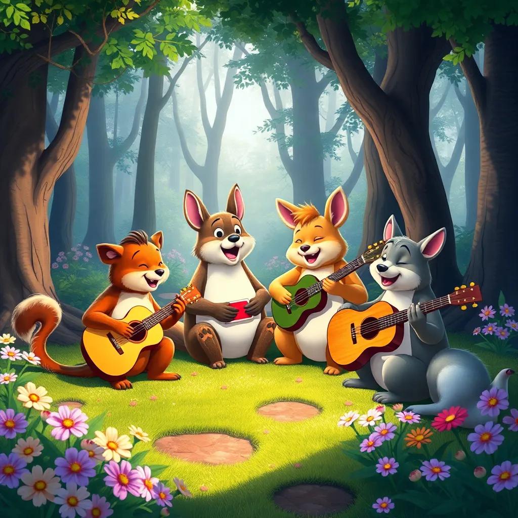 The animals continuing to play their music happily together in the forest, surrounded by flowers and trees, bright and colorful, fostering a sense of community, joyful and heartwarming, inviting atmosphere