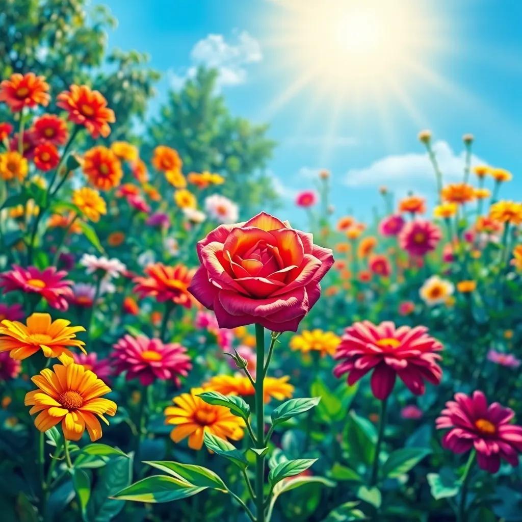A beautiful garden with vibrant flowers in full bloom, under a bright sun, showcasing a stunning rose flower in the center, digital art, colorful, joyful atmosphere, high quality