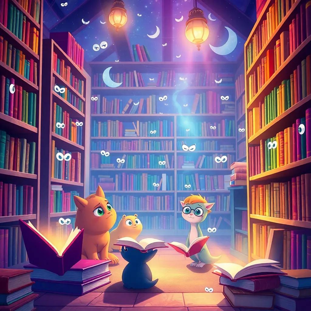 Dentro de uma biblioteca mágica cheia de livros que têm olhos, todos os amigos observam encantados, livros em várias formas, uma atmosfera vibrante e mágica, ilustração divertida, colorida, cena de encantamento, qualidade detalhada