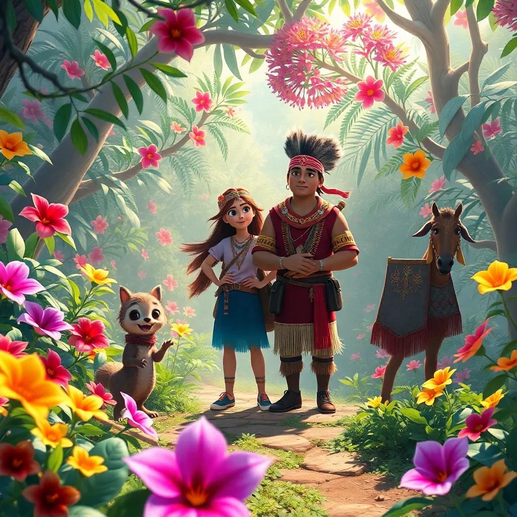 Uma floresta vibrante, os amigos encontram heróis indígenas, guerreiros corajosos usando trajes tradicionais, com animais ao redor, digital art, cheia de natureza exuberante, pontos de luz e cores, perspectiva alegre, alta qualidade