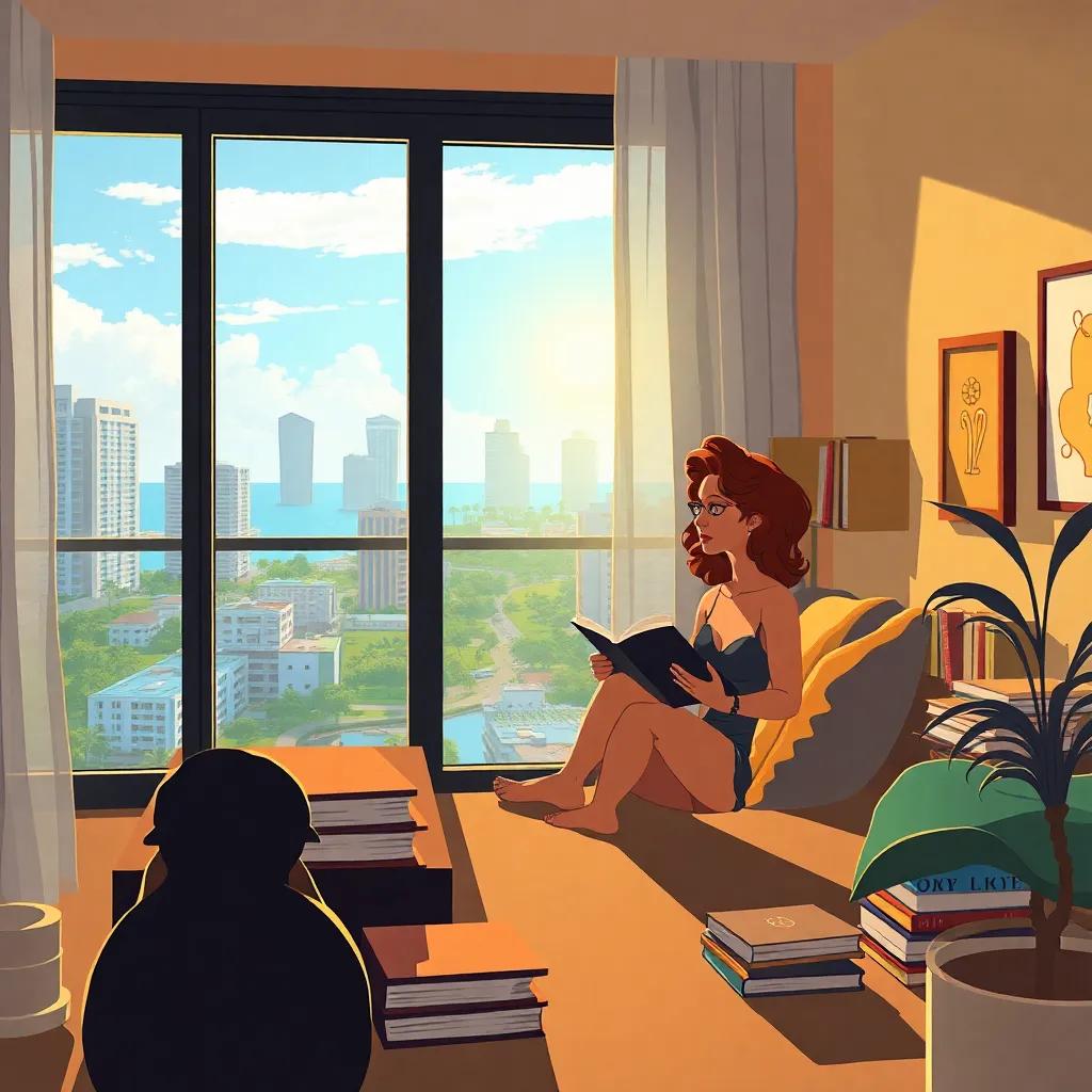 Um apartamento moderno em Copacabana, onde Clarice Lispector está escrevendo, com livros ao seu redor, a luz suave do sol entra pela janela, os amigos observando atentos, ilustração inspiradora, atmosférica, qualidade vívida