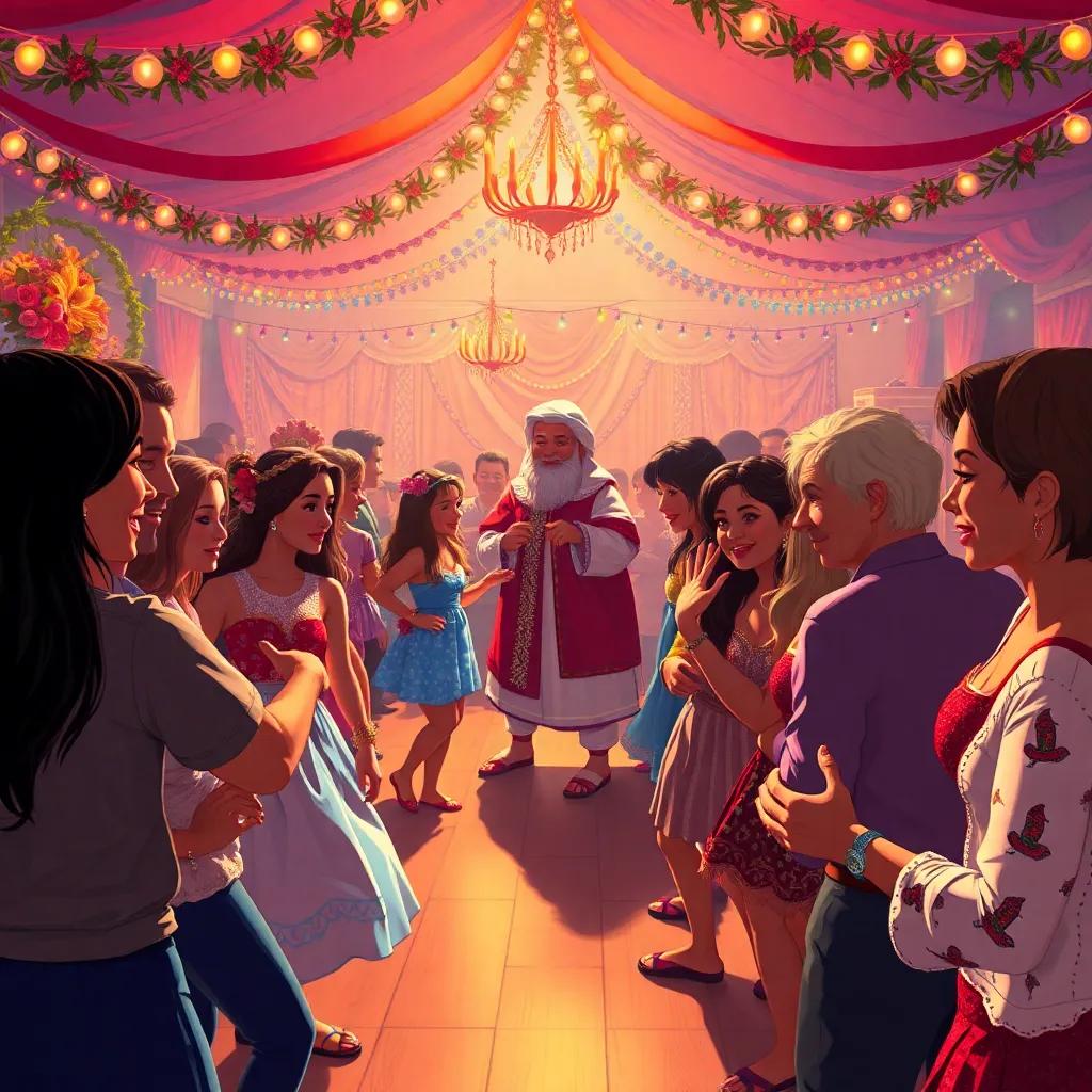 Uma festa de São João alegre, com pessoas dançando ao redor de fogueiras, decoração típica e bandeirinhas, os amigos conhecendo personagens folclóricos com expressões felizes, digital art, colorido e festivo, perspectiva envolvente, alta qualidade