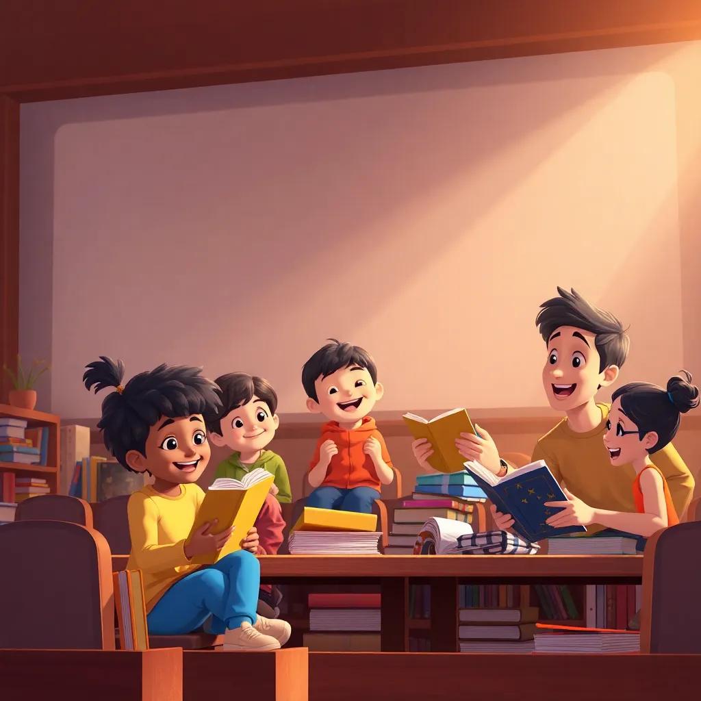 Os amigos contando suas aventuras para outras crianças, em uma sala de aula animada, com muitos livros ao redor, sorrisos e entusiasmo no ar, ilustração amigável e convidativa, alta qualidade