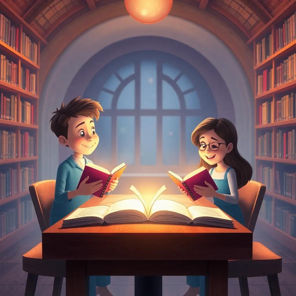 A biblioteca mágica com luz suave, os amigos felizes lendo novos livros em uma mesa, cada livro brilhando com uma luz especial, digital art, atmosfera sonhadora, qualidade encantadora, perspectiva calorosa
