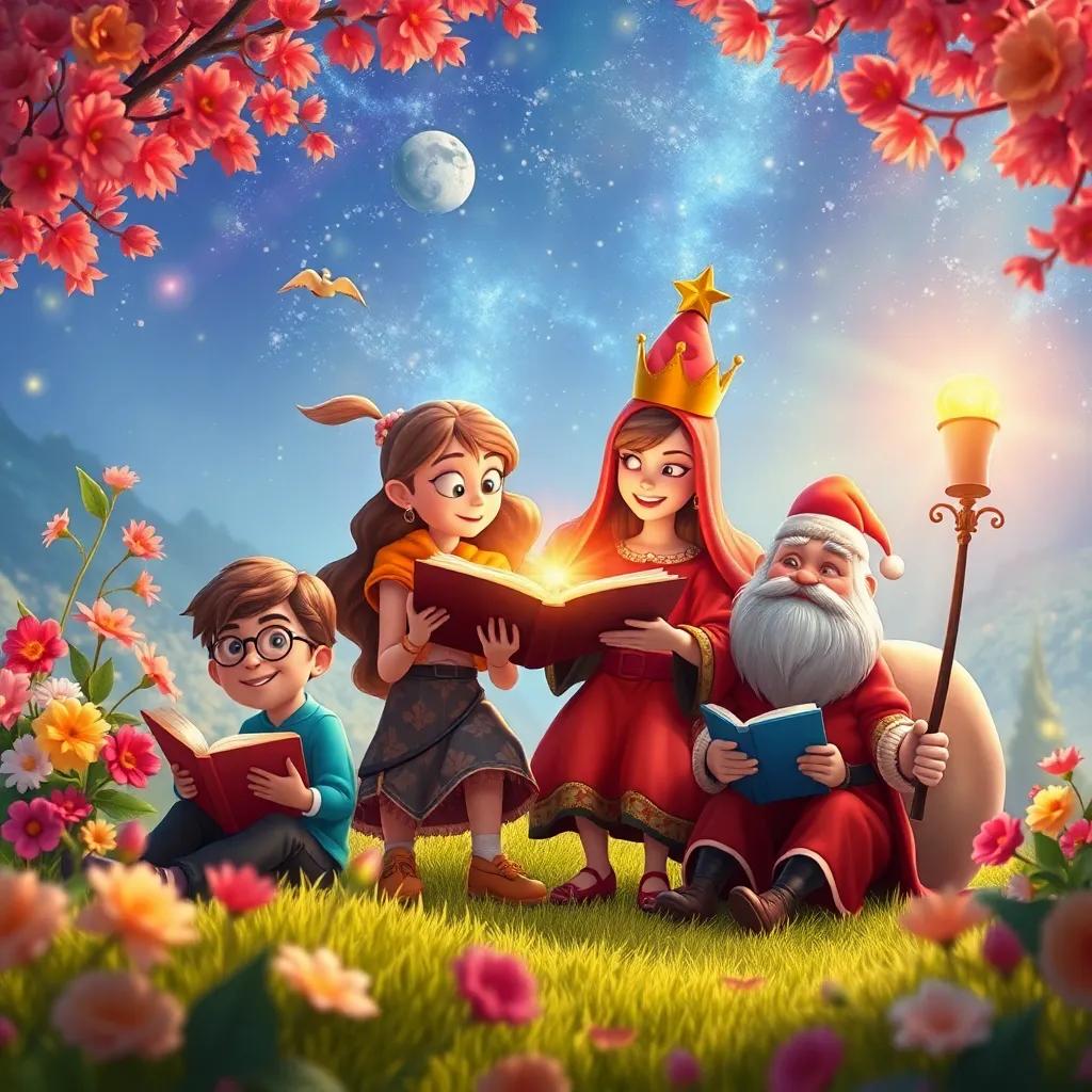 Uma imagem mágica representando as várias aventuras dos amigos com os livros, retratando diferentes cenários: a floresta, o apartamento de Clarice, a festa de São João, e Dom Pedro, digital art, colagem vibrante, rica em cores e detalhes, qualidade impressionante