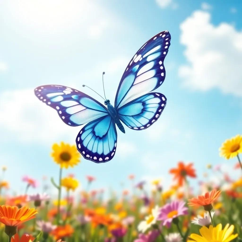 A beautiful day with a blue and white butterfly named Bianca flying joyfully in a vibrant flower field, colorful flowers and a bright blue sky, digital art, cheerful and inviting scene, high quality