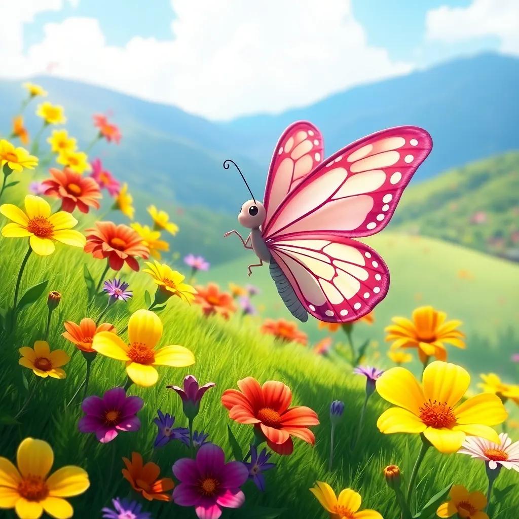 Bianca the butterfly dancing among colorful flowers on a green hillside, with bright yellow, red, and purple flowers, sunny day, detailed illustration, vibrant colors, enchanting atmosphere
