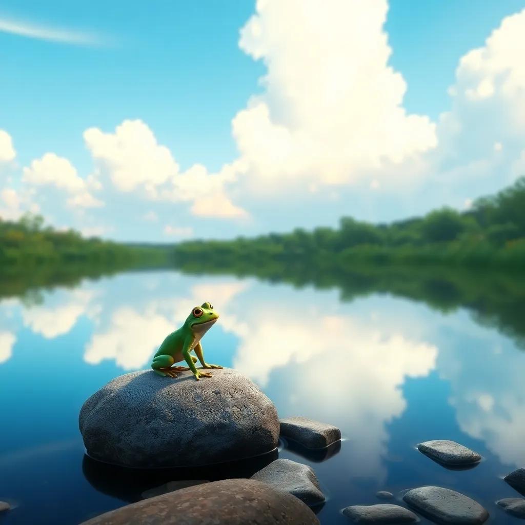 A serene small lake reflecting the blue sky and white clouds, with a frog hopping from stone to stone, excited to meet Bianca, beautiful nature setting, calm and peaceful, high quality